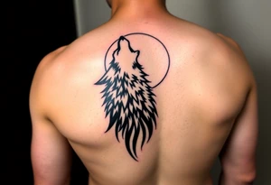 lone wolf howling at full moon with northern lights backdrop tattoo idea