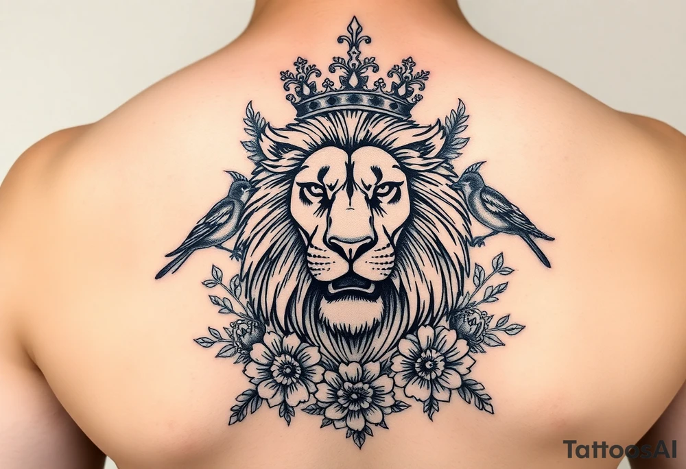 powerful majestic lion with a crown, surrounded by floral ornaments and birds tattoo idea