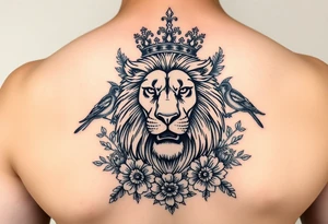 powerful majestic lion with a crown, surrounded by floral ornaments and birds tattoo idea