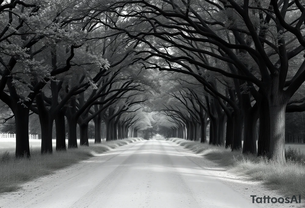 Tree-lined dirt road. Road is rough, little shoulder. Deciduous trees arch across it, meeting in the middle. 

Road should be rougher, more rural. Branches start lower. The trees in the foreground should be bigger — perspective has road getting smaller. 

Make the trees leafier. Branches begin lower on the trunk. 

Much leafier trees. Summer. Can’t see much behind the trees tattoo idea