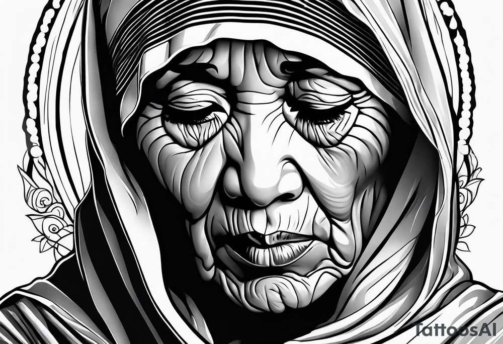 Mother Theresa looking down with black tears and rosary tattoo idea