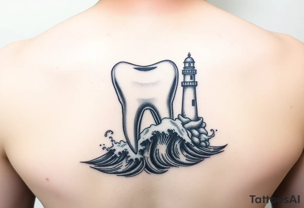 “A molar tooth cradled by waves of the ocean with a tiny lighthouse beside it, clean linework tattoo tattoo idea