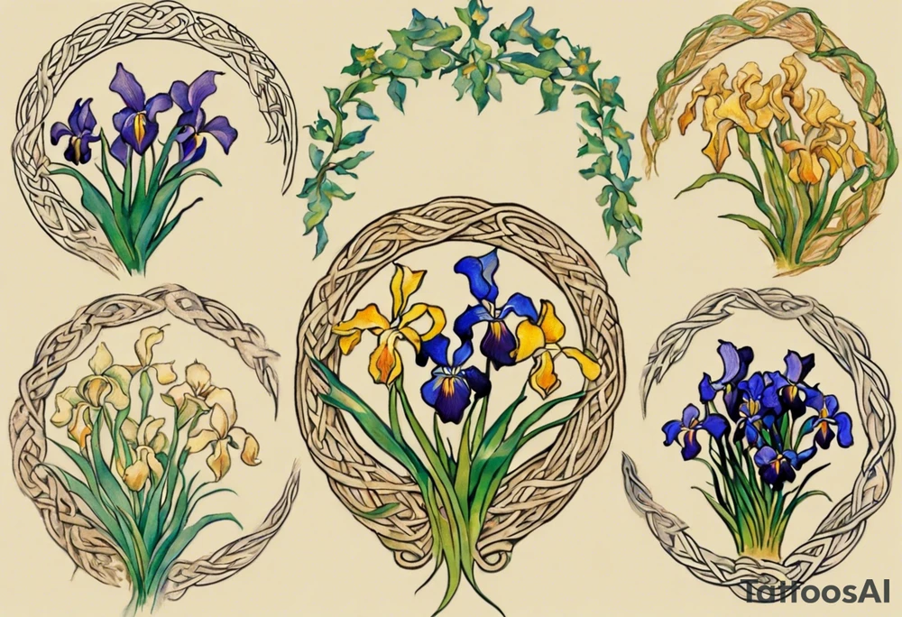 Create a small colorful Vincent van Gogh Irises tattoo in the form of a crescent, with vines or Celtic knots gracefully intertwining at a central point in the middle of the wreath.  In the middle of the wreath are mountains and other items found in New Mexico. Ensure that the design avoids the appearance of a bush and maintains a more structured and deliberate arrangement. The intended placement is on the upper chest. The overall design should be small in size while maintaining a delicate and artistic aesthetic. Pay attention to the graceful flow of the vines and the placement of the irises to achieve a refined and elegant look. tattoo idea