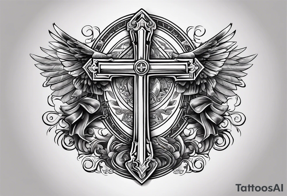 Cross with wording saying Loyalty Is Key in old English with two guns and money in the background tattoo idea