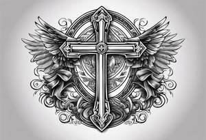 Cross with wording saying Loyalty Is Key in old English with two guns and money in the background tattoo idea