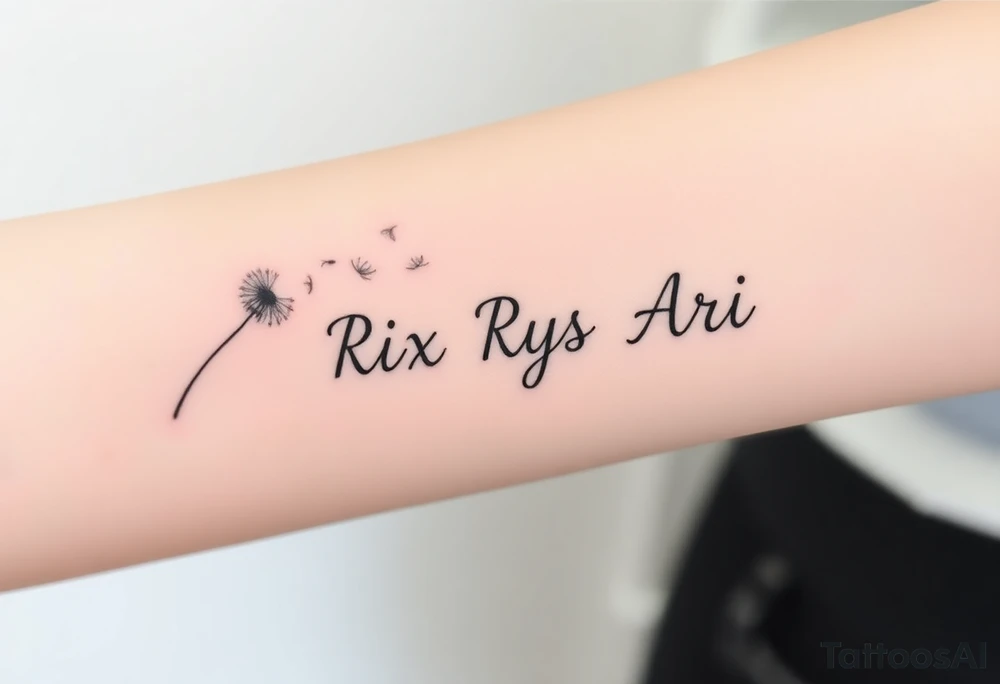Rix Rys Ari realistic watercolor This image features a delicate dandelion tattoo on a person’s skin, with fine lines and soft shading. The dandelion’s stem extends from the bottom left corner, leading to the detailed flower head, which appears to be dispersing its seeds. The seeds are shown floating away in a natural, wind-swept motion, symbolizing freedom, change, and new beginnings.

The tattoo has a subtle watercolor effect with a gentle pinkish hue around the base of the dandelion, adding depth and softness to the design. The fine-line work gives it a refined and elegant look. tattoo idea