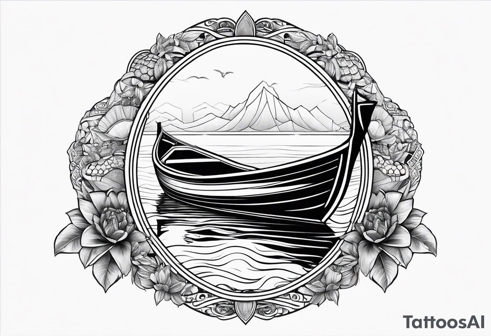 Oval frame inside thai long tail boat water under swiming turtle tattoo idea