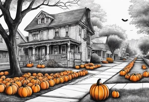 Neighborhood street in fall with Halloween pumpkin tattoo idea