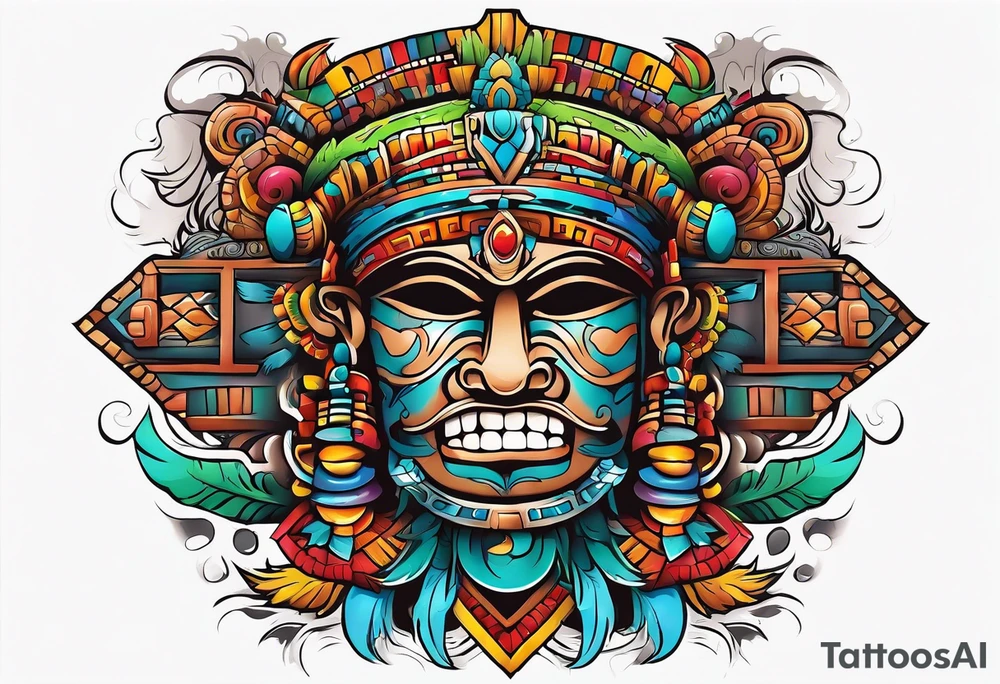 Colorful Mayan chaac with mouth as cave and water falling out tattoo idea