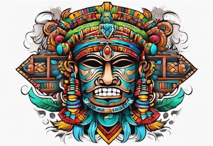 Colorful Mayan chaac with mouth as cave and water falling out tattoo idea