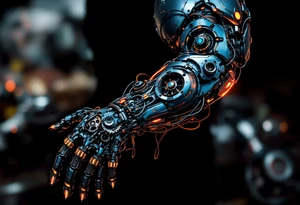 A cybernetic arm with exposed gears and wires, in brushed metal, steel blue, and glowing neon accents, appearing as if the skin is peeling away. tattoo idea