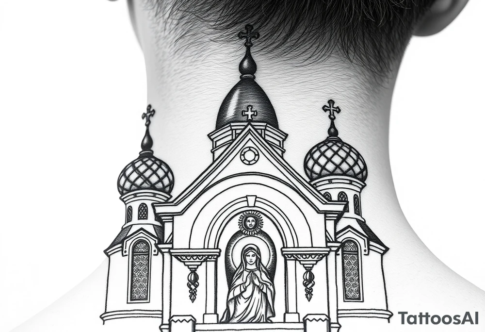 Flowing Scene

A onion domes orthodox church
Virgin Mary in prayer pose on the front doors of the russian orthodox church 
A small double headed russian coat of arms eagle or just the star tucked above the dome near the hairline tattoo idea