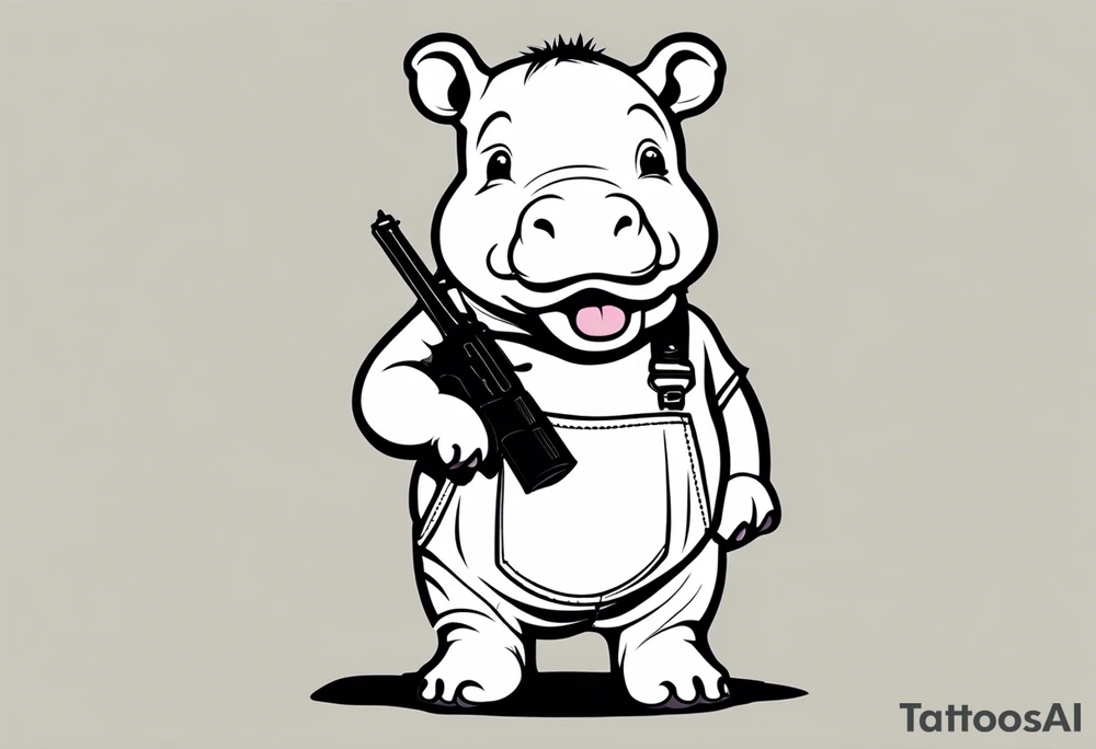 Baby hippo wearing overalls and holding a pistol tattoo idea