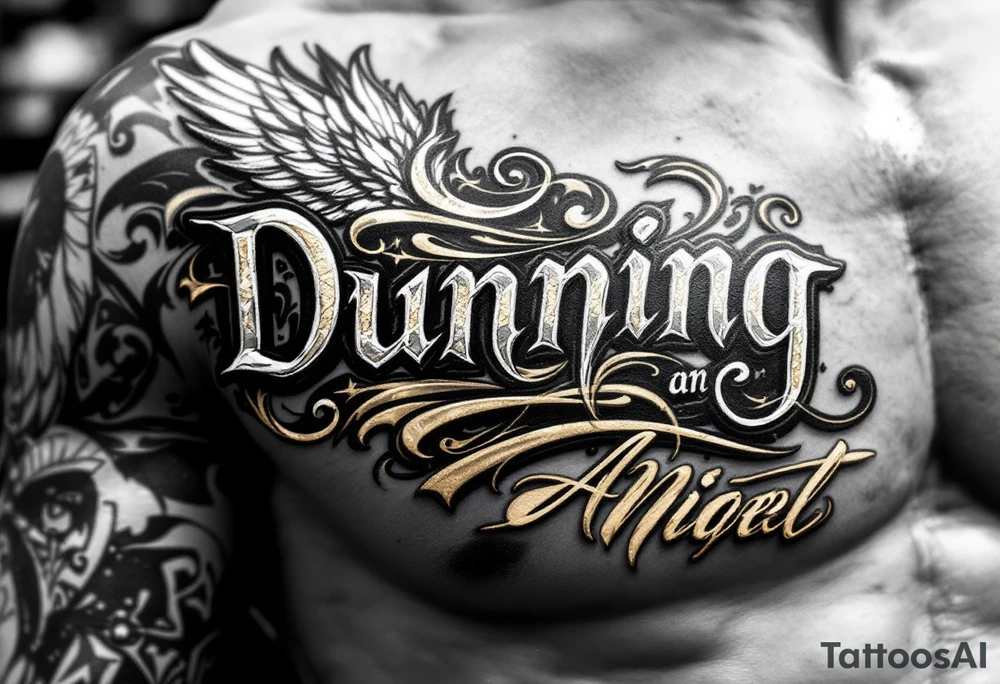 Dunning, details include bold strong font, gold highlights, theme of wealth and angel wings, taino native tattoo idea