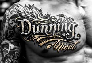 Dunning, details include bold strong font, gold highlights, theme of wealth and angel wings, taino native tattoo idea