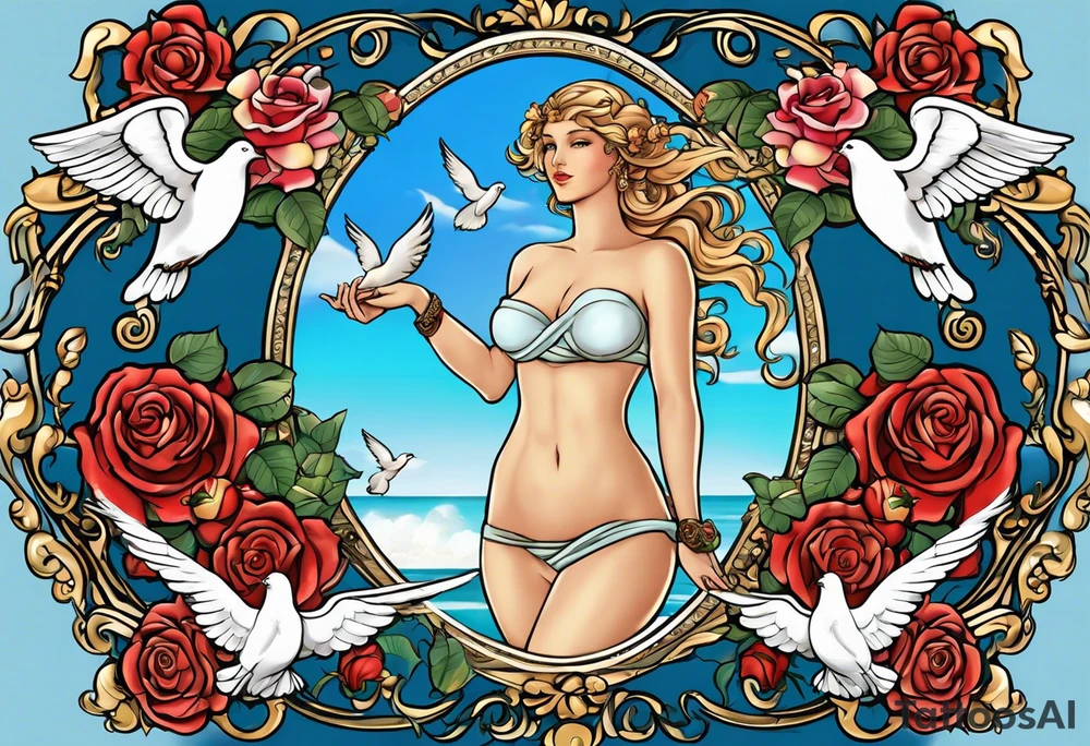 Portrait of Aphrodite: A face or full-length image of the goddess, often in a realistic style, perhaps decorated with flowers, seashells, or doves.rose, doves, shells and a mirror in his hand. background sea, blue roses frames,, romantic,background  fly boy wings and a bow, cupido tattoo idea