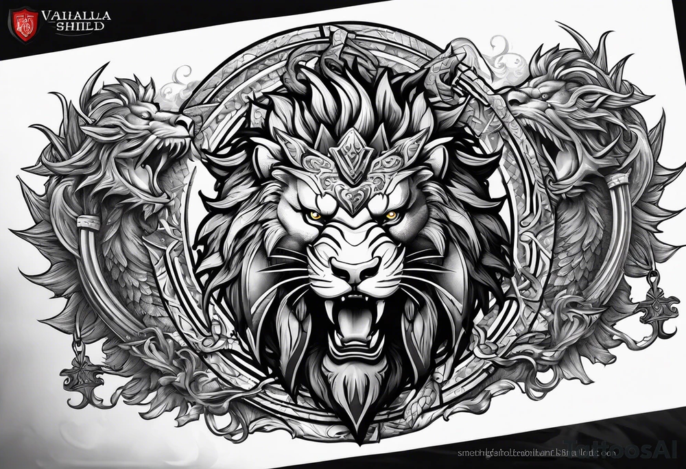 Valhalla sword shield dragon lion tattoo idea