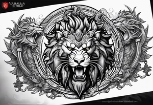 Valhalla sword shield dragon lion tattoo idea