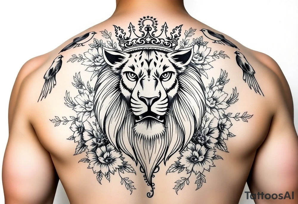 powerful majestic lion with a crown, surrounded by floral ornaments and birds tattoo idea