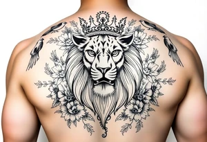powerful majestic lion with a crown, surrounded by floral ornaments and birds tattoo idea