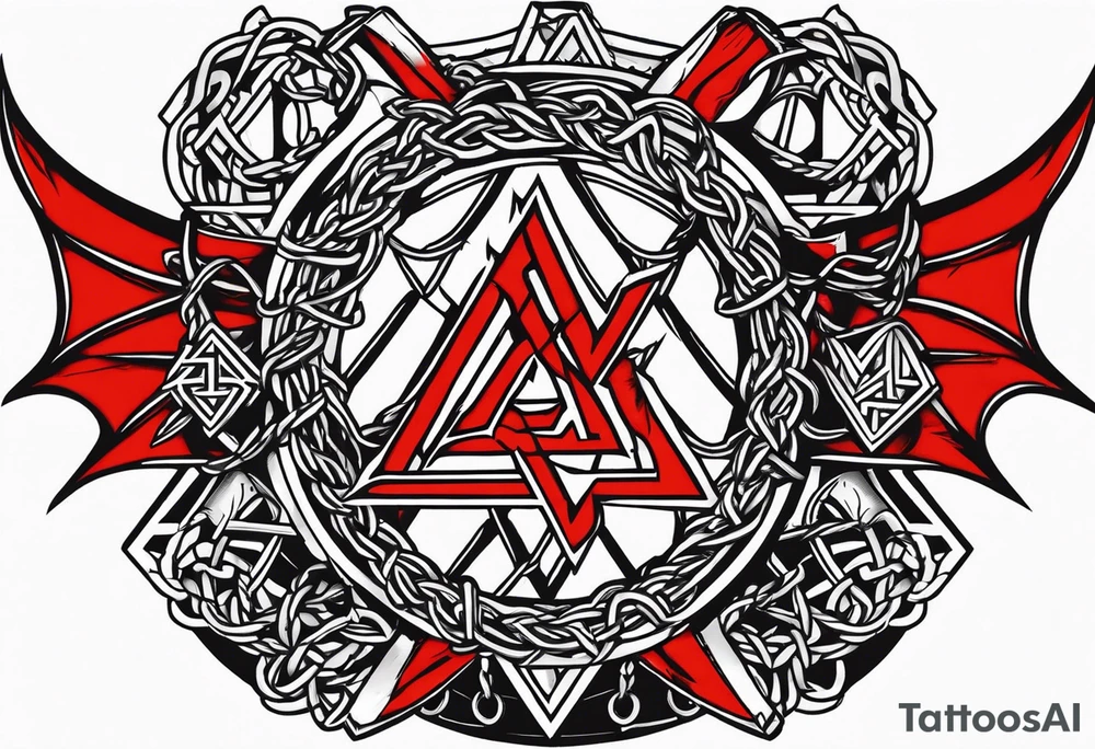 Valhalla sword shield axe barbed wire chains valknut fire dragon tattoo idea