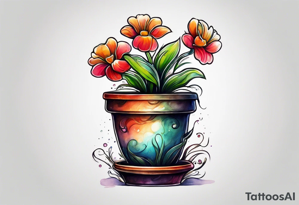 a flowerpot with a small flower coming out of it, just about to bloom. tattoo idea