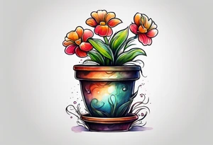 a flowerpot with a small flower coming out of it, just about to bloom. tattoo idea