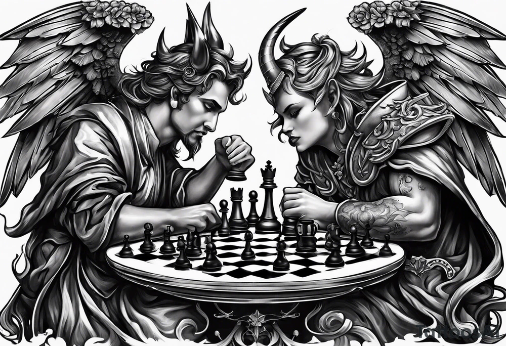 devil and angel playing chess tattoo idea