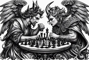 devil and angel playing chess tattoo idea
