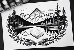 Design a symmetrical tattoo featuring a serene mountain landscape with a winding river and delicate trees, creating a balanced and harmonious composition tattoo idea