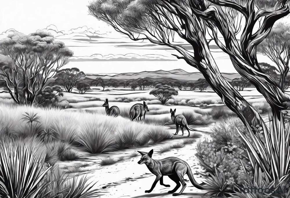 Outback with Uluṟu, a kangaroo, a dingo and an emu. tattoo idea