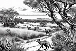 Outback with Uluṟu, a kangaroo, a dingo and an emu. tattoo idea