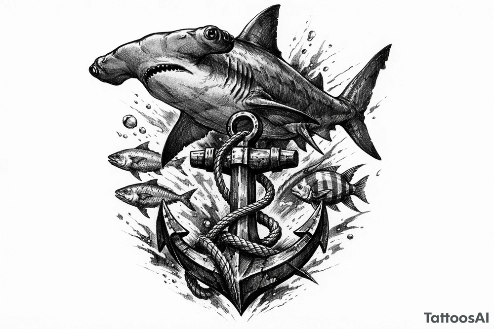 a hammerhead-shark, under it an anchor,fishes. tattoo idea