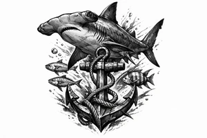 a hammerhead-shark, under it an anchor,fishes. tattoo idea