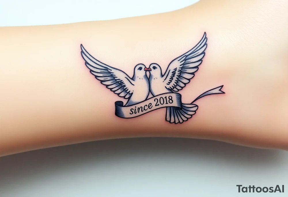 A pair of doves in mid-flight, carrying a silk ribbon with the wedding date "since" 2018. tattoo idea