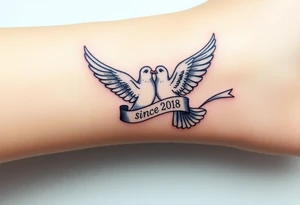 A pair of doves in mid-flight, carrying a silk ribbon with the wedding date "since" 2018. tattoo idea