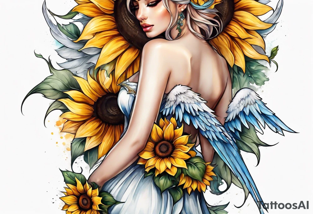 Sunflowers and angel wings leg sleeve tattoo idea