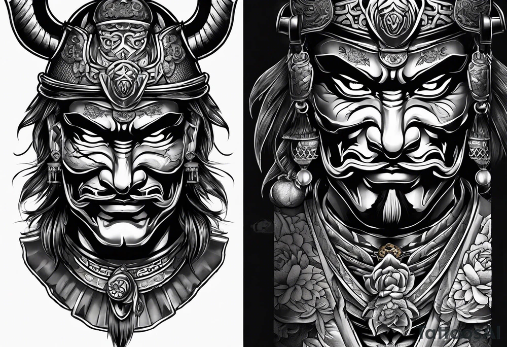 Japanese Samurai two Mask Tattoo Designs laugh and cry tattoo idea