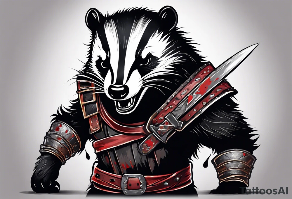 Draw me psychopath badger/Warrior with aggressive full body, killer face with a smile, very long nails and he attacks like a Bloody Gladiator to us and also, he has very deadly looking. He fights with his nails. Everybody scares after their first sight. Give me horror type Badger Tattoo. tattoo idea