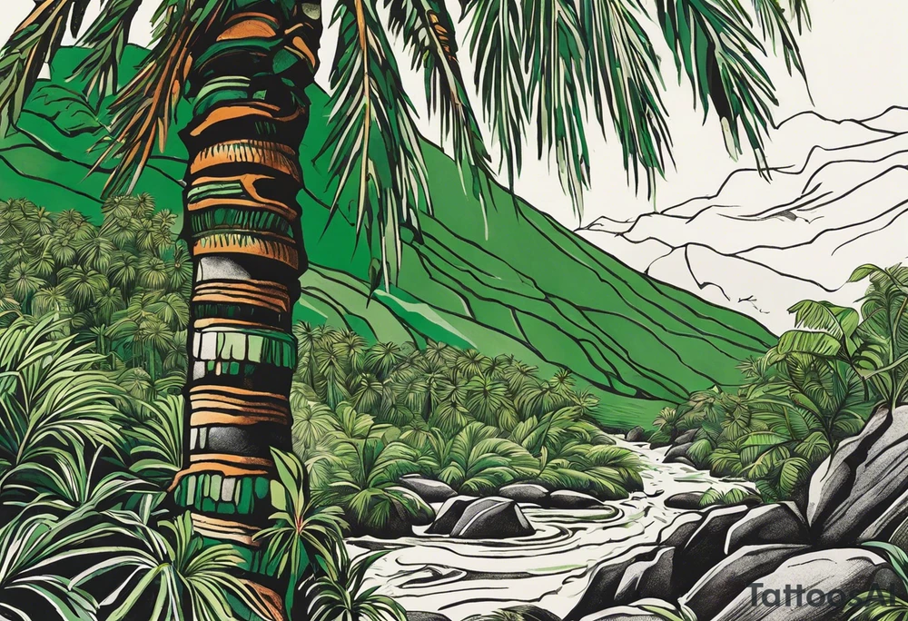 Tattoo: A striking Gachala emerald sits at the base of a tall quindio wax palm, which grows resiliently from cracks in rugged, rocky soil. The emerald is the main focal point, symbolizing strength and endurance, while the wax palm, rooted in the soil’s crevices, represents growth and resilience. A small water stream flows gently from the rocks, adding an element of life and nourishment tattoo idea