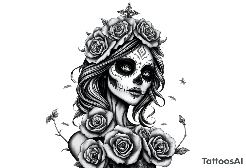 Powerful evil beautiful day of the dead female,  surrounded by unclaimed souls and roses tattoo idea