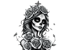 Powerful evil beautiful day of the dead female,  surrounded by unclaimed souls and roses tattoo idea