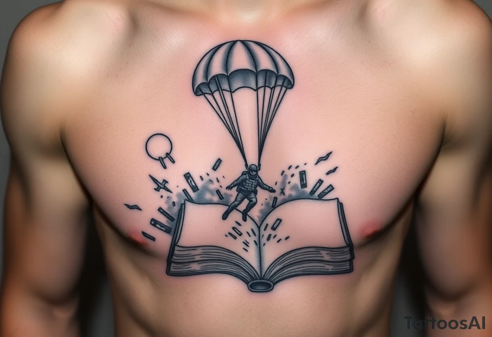 A parachuting soldier landing into an open book. Chaos surrounding, but the book is protecting the soldier from it. On the chest. Make the tattoo smaller. Make it thought provoking. Make the chaos in the environment be an eerie mist. Make the pages in the book be blank. Just one soldier, no other characters. the book is old. tattoo idea