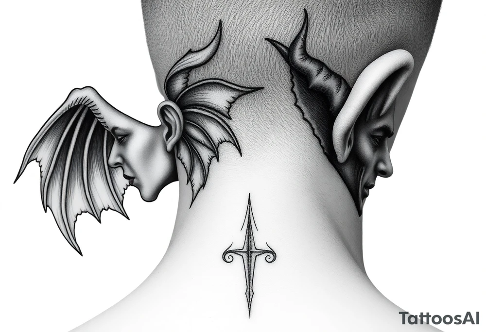 position behind the neck Angel (on the right) whispering in the right ear, demon (on the left) whispering in the left ear tattoo idea
