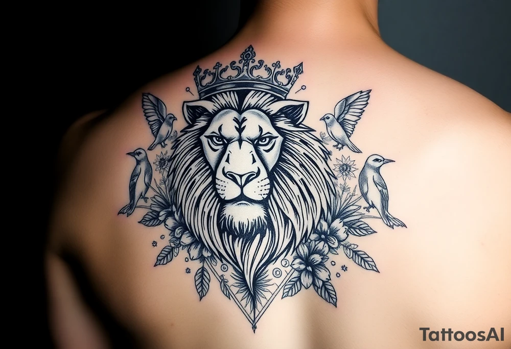 powerful majestic lion with a crown, surrounded by floral ornaments and birds tattoo idea