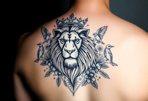 powerful majestic lion with a crown, surrounded by floral ornaments and birds tattoo idea