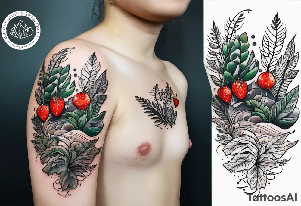 forest floor inspired tattoo, which includes grass, curly ferns and dead leaves as the bulk of the tattoo. details to include: three  tiny strawberries, couple of very small mushrooms, a tiny bumblebee flying nearby tattoo idea