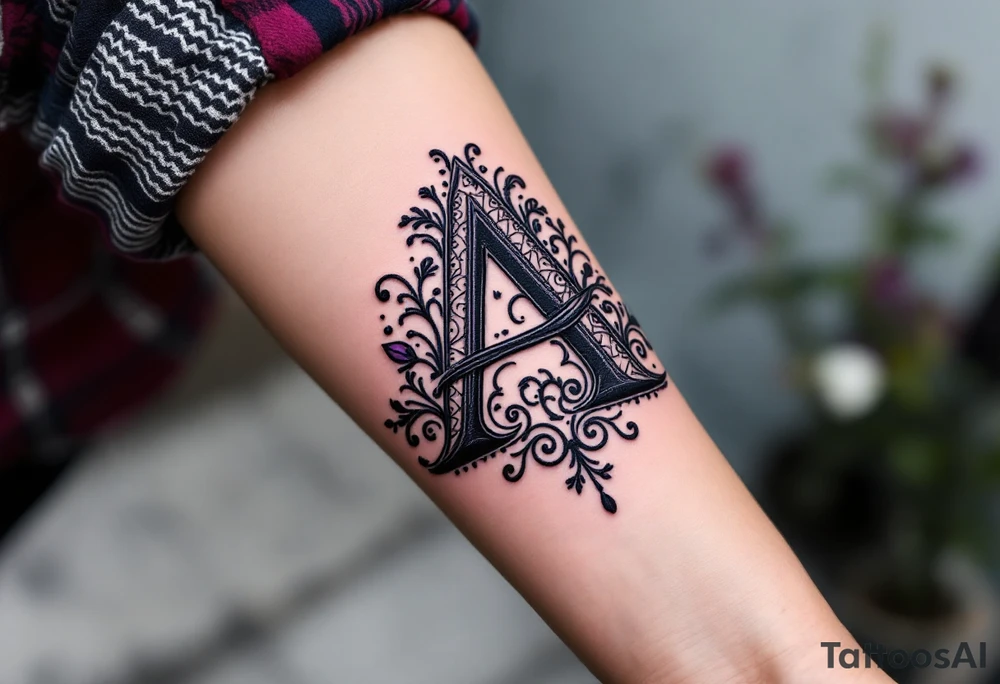 A stitched "A" design in dark purple and black, resembling embroidery. tattoo idea