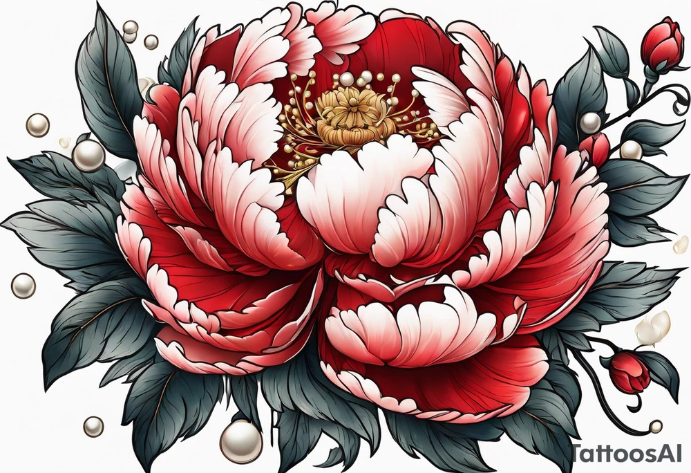 Red peony with dandling pearls and bunny tattoo idea