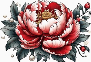 Red peony with dandling pearls and bunny tattoo idea